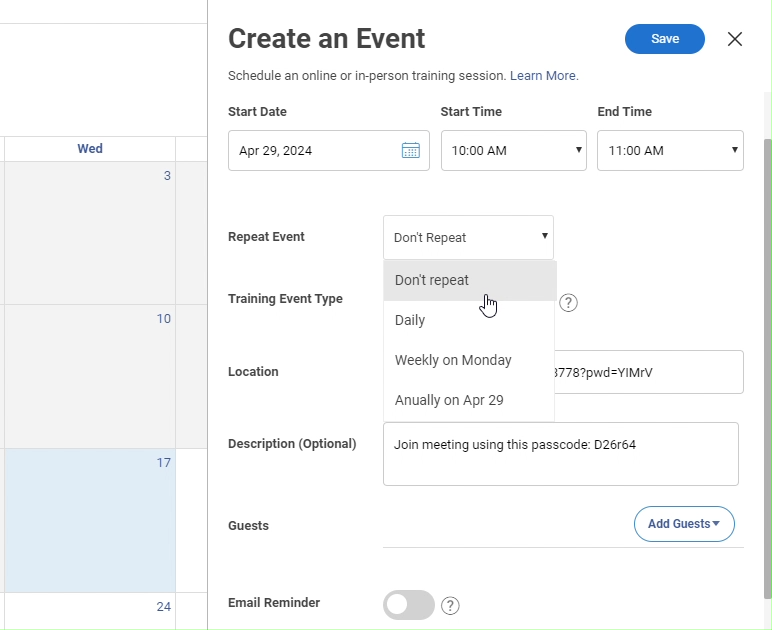 create an event in ProProfs Training Maker