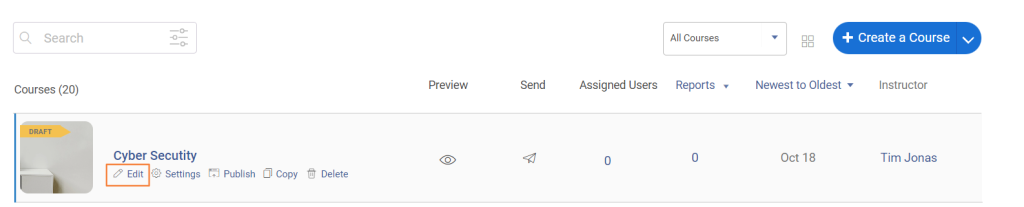 Edit your course from the dashboard