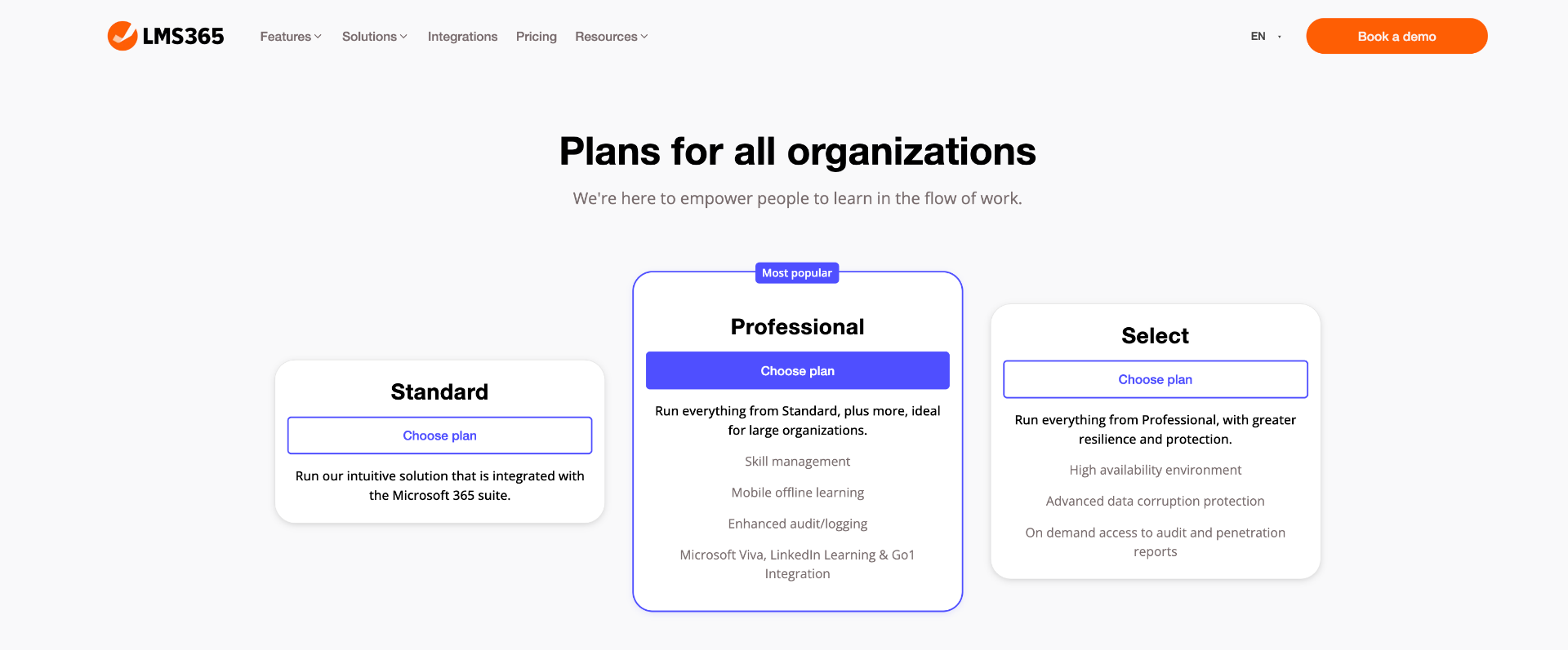 LMS 365 Pricing page