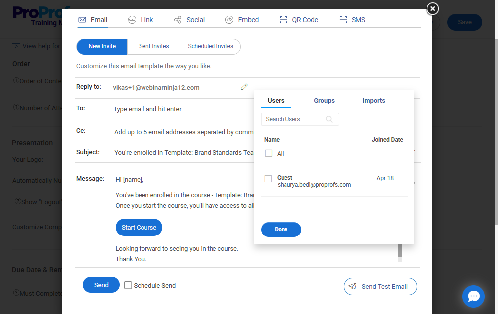 Settings New Invite