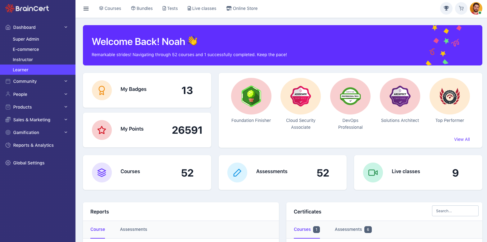 BrainCert LMS Dashboard BrainCert LMS Dashboard