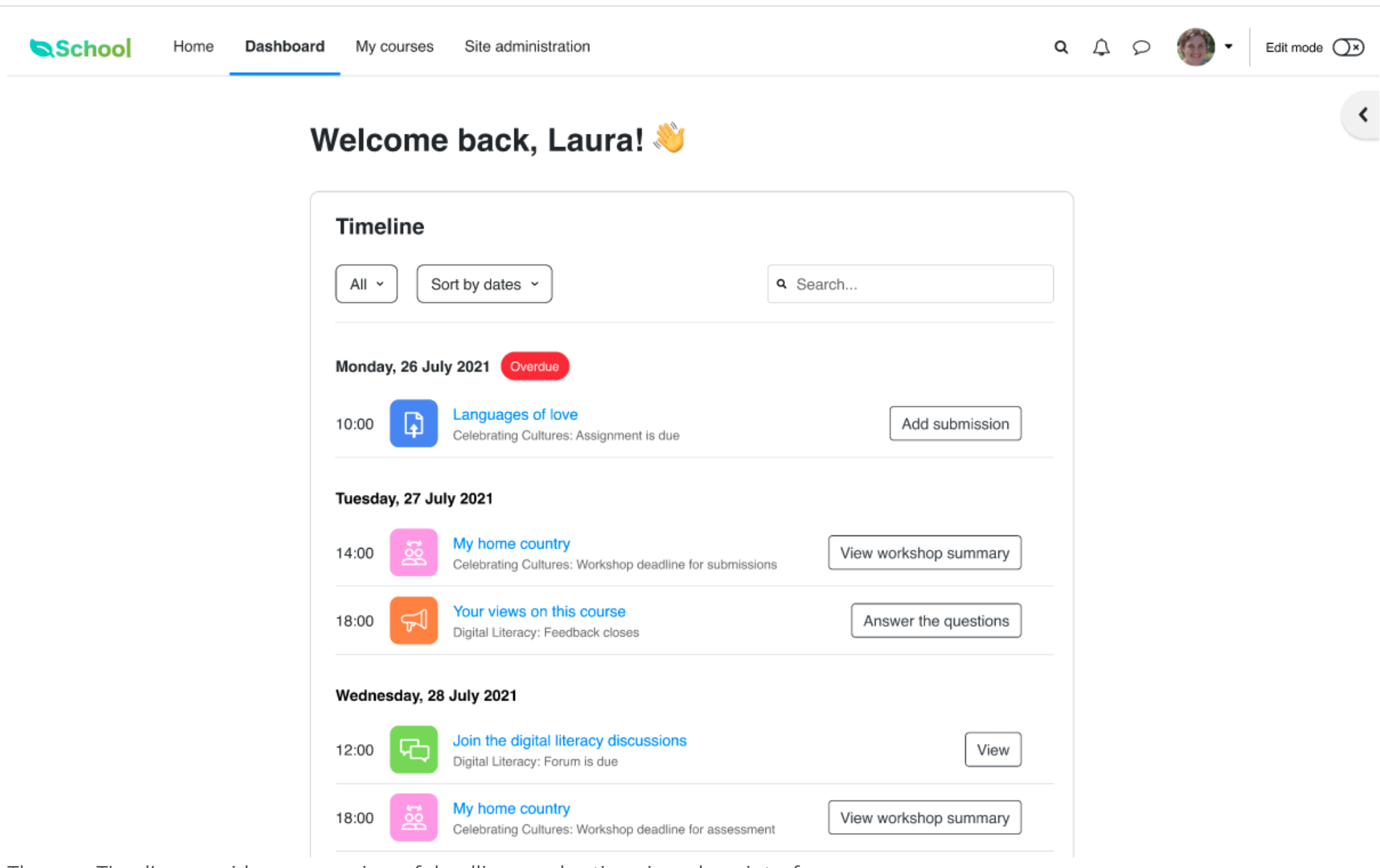 Moodle LMS Dashboard Moodle LMS dashboard