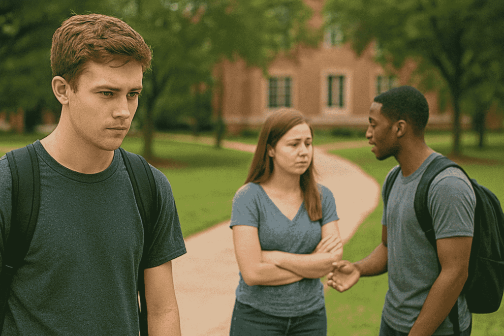 A college student observes a concerning situation from a distance while two other students appear to be in a tense interaction, highlighting the importance of bystander awareness on campus.