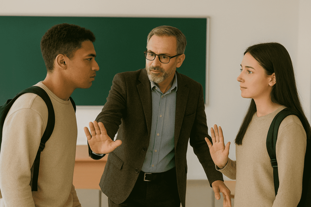 A concerned teacher intervenes between two college students in a hallway dispute; one student points and argues while the other looks upset.