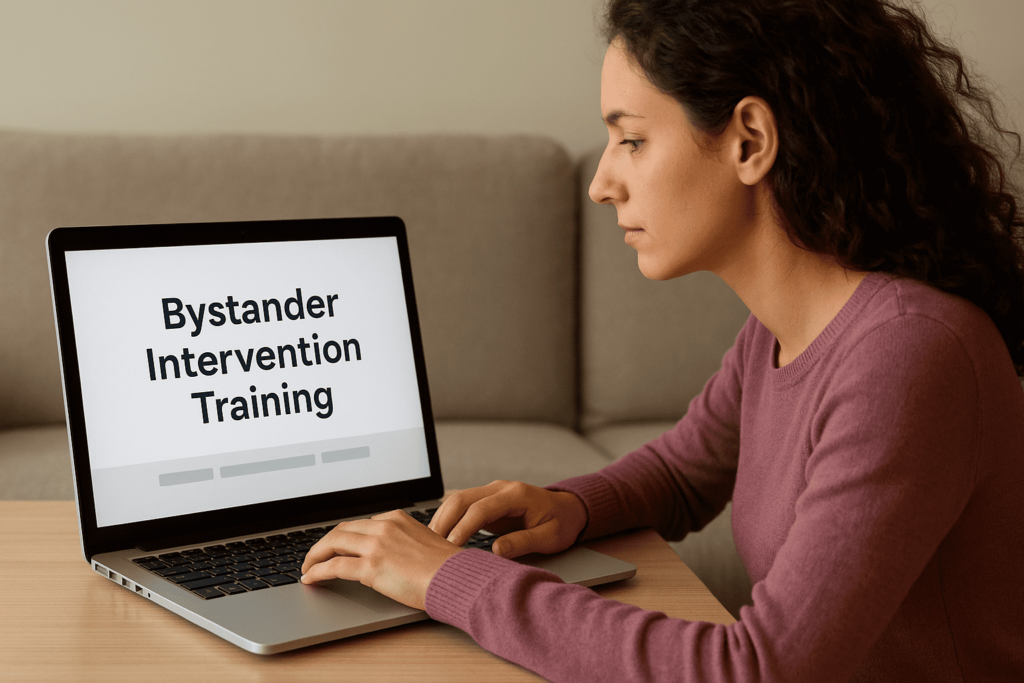 Student participating in an online bystander intervention training course, highlighting the role of digital tools in campus safety education.