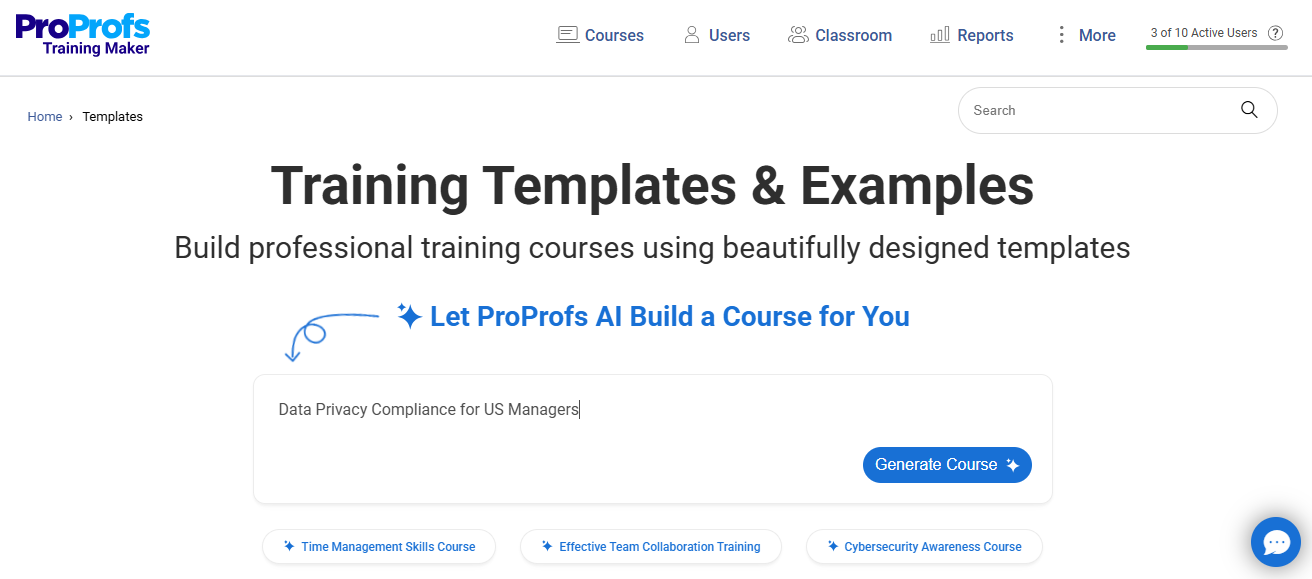 Type the prompt to create an online course with ProProfs AI
