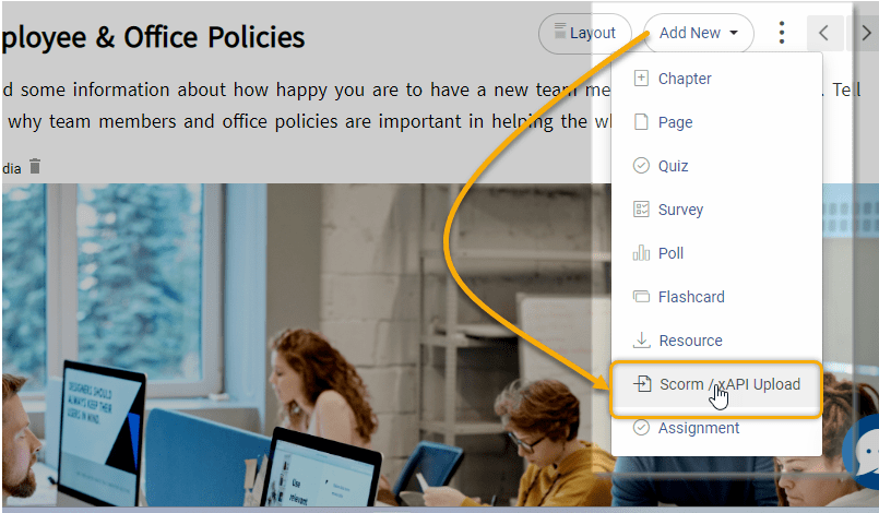 Click on add new and the choose SCORM upload option