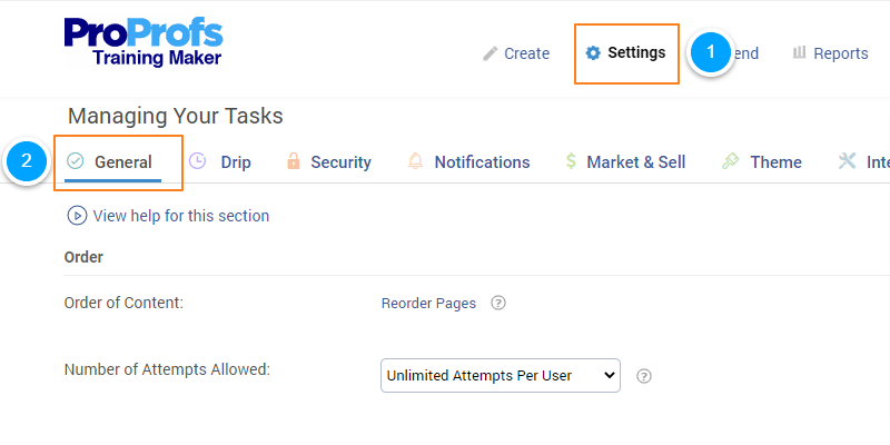 On ProProfs course dashboard click on Settings and General tab will open up